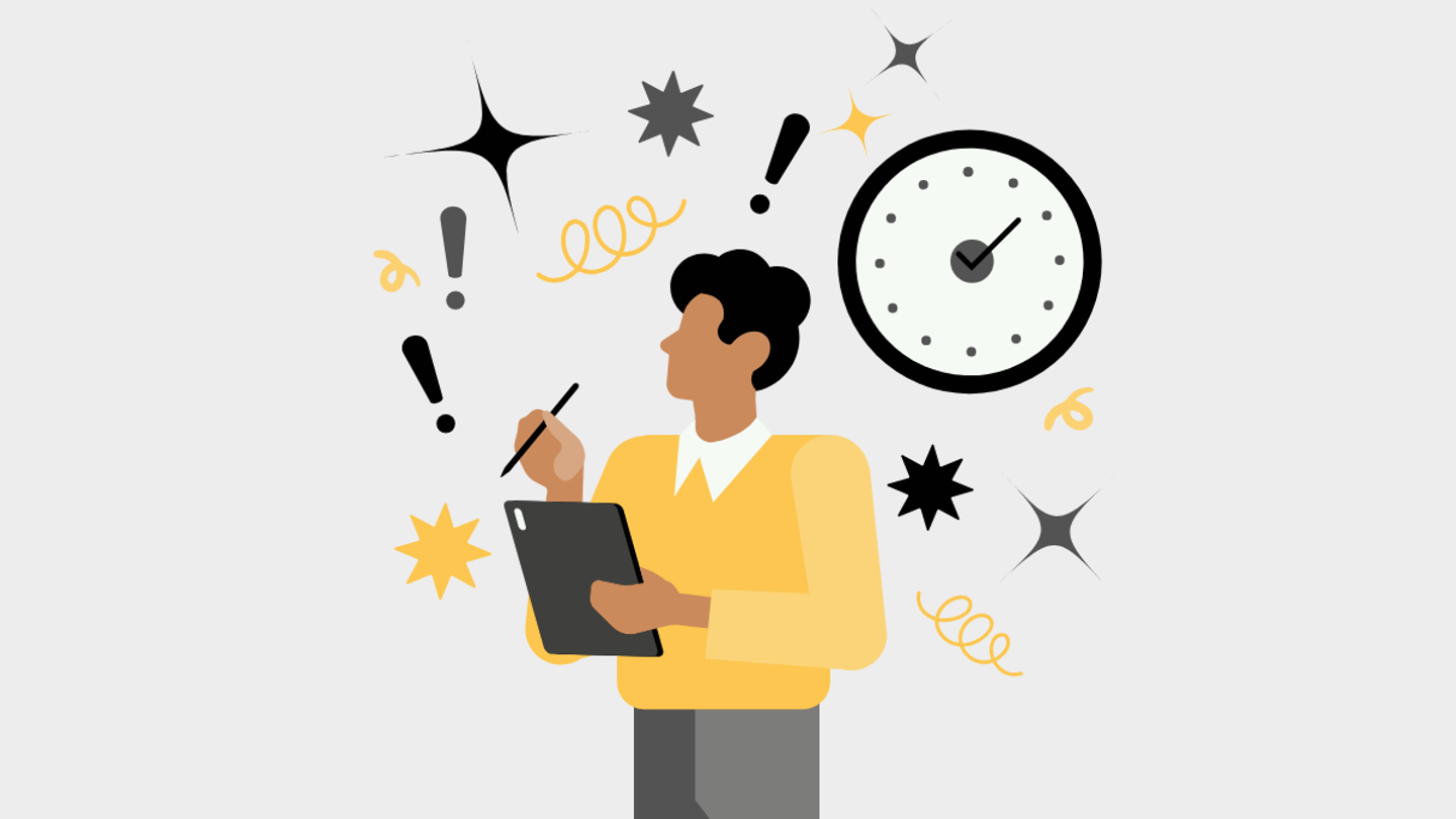 A grey, yellow, and black graphic of a man with a todo list.