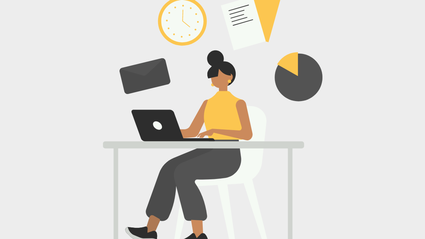 A graphic of a woman at a desk using a laptop.
