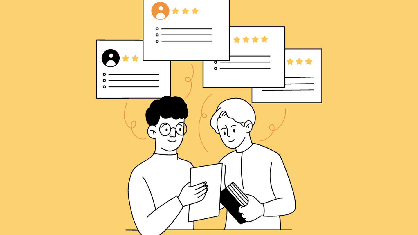 A graphic of two business owners reviewing guest feedback.