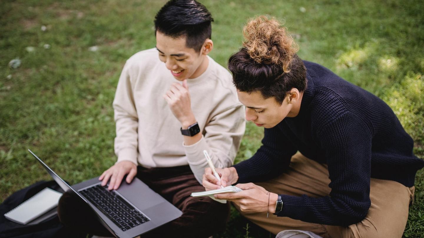 Two people sitting on the grass using a laptop to look for booking systems.