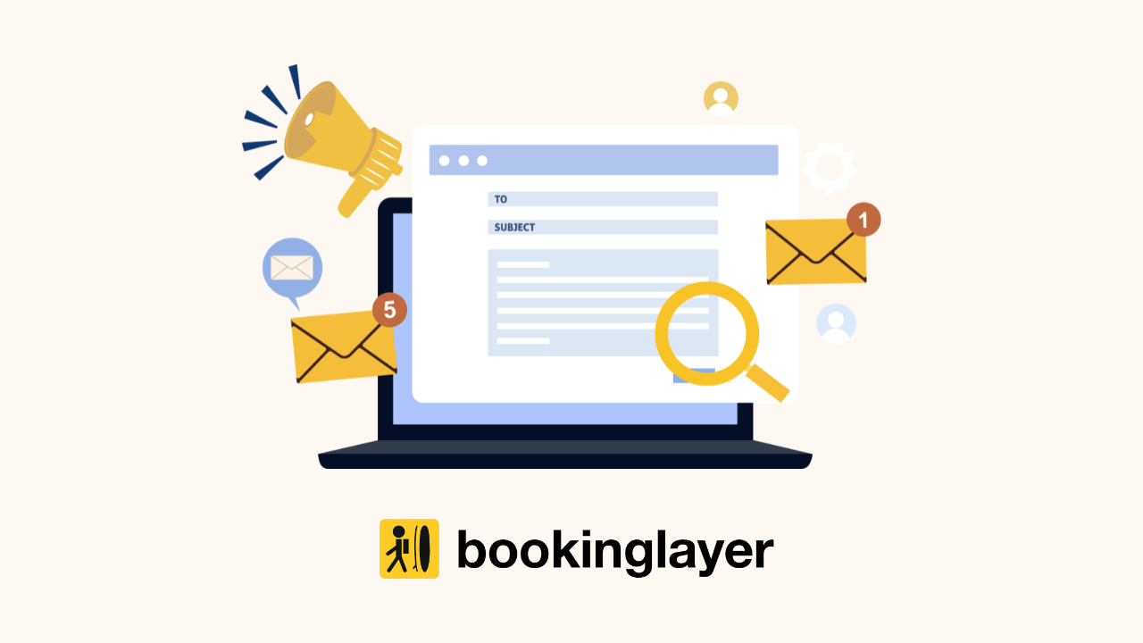 Graphic of a computer sending emails and Bookinglayer logo