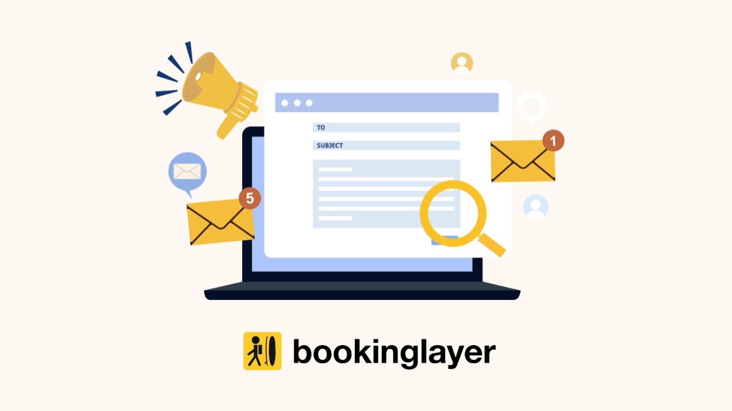 Graphic of a computer sending emails and Bookinglayer logo