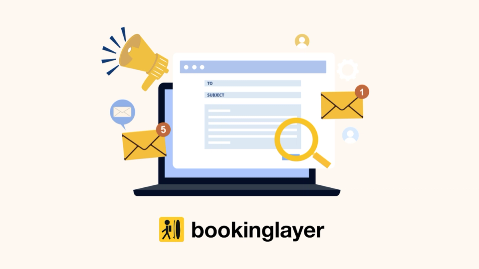 Graphic of a computer sending emails and Bookinglayer logo