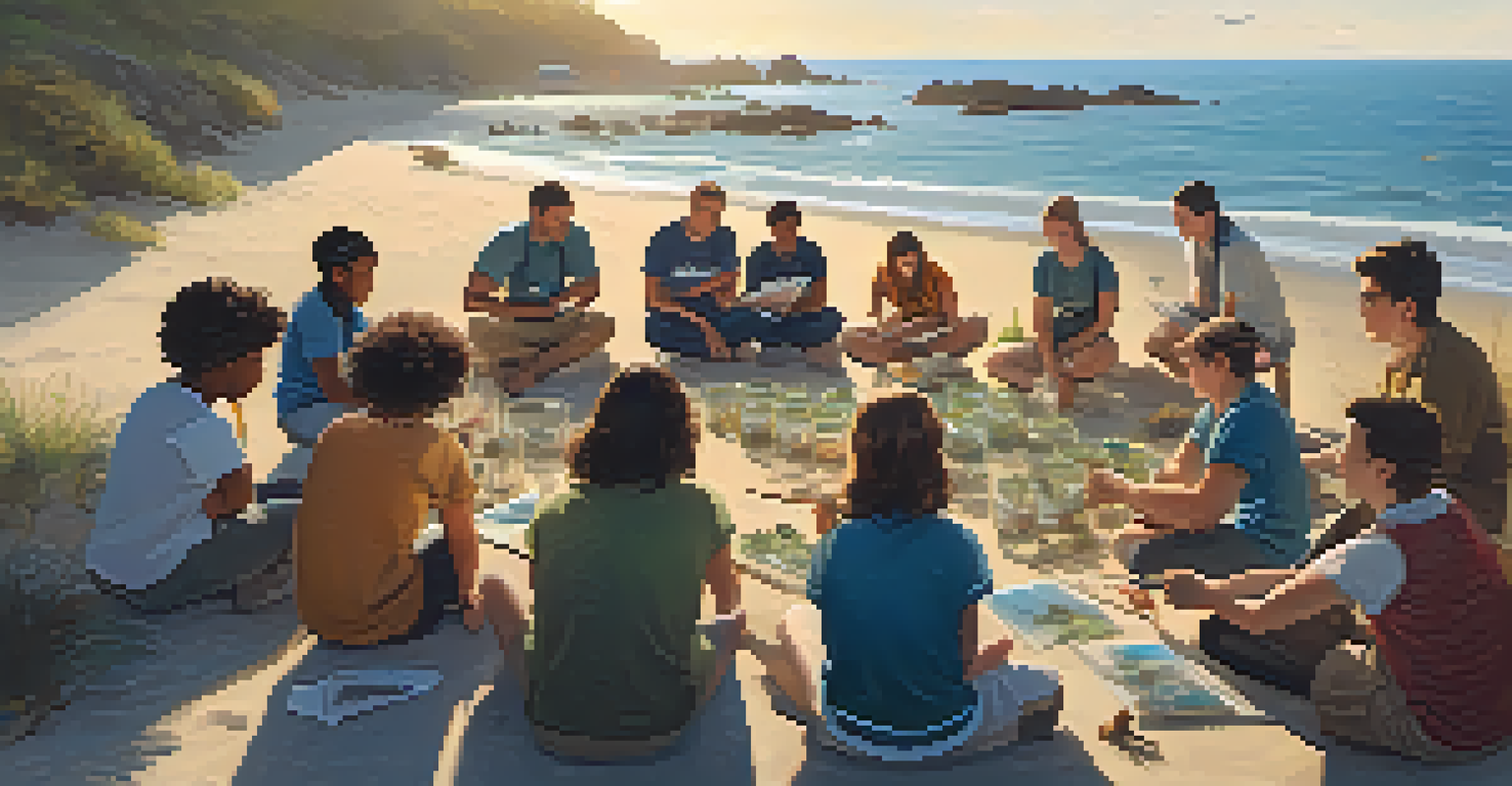 A marine biology workshop outdoors with students listening to a marine biologist, set against a beach backdrop.