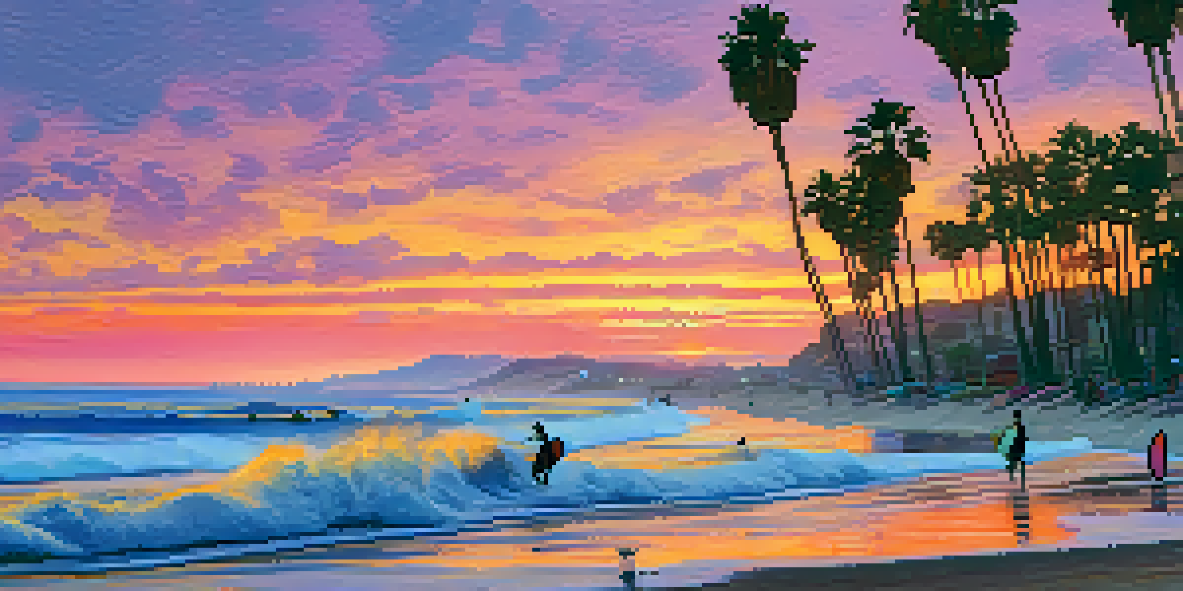 A sunset view of Malibu beach featuring surfers on the waves and surfboards in the sand.