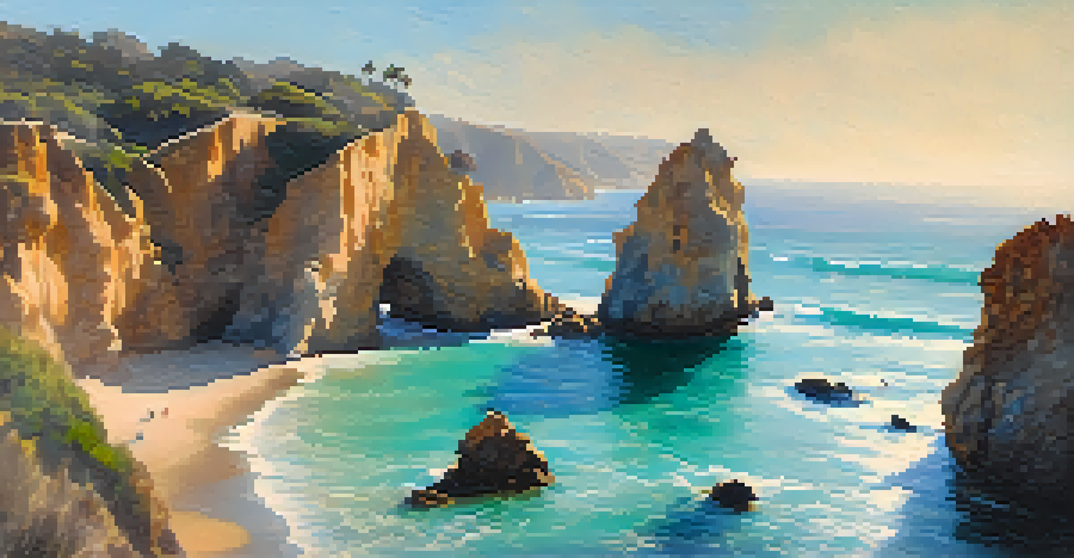 Aerial view of El Matador Beach with rock formations and a couple walking along the shore.