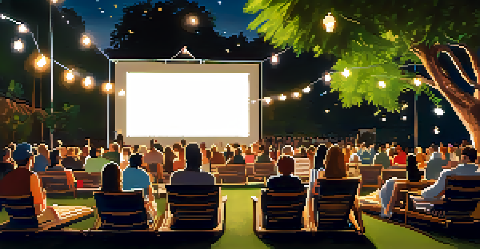 A cozy outdoor screening area at the Malibu Film Festival, with string lights twinkling above and attendees watching a film on a large screen.