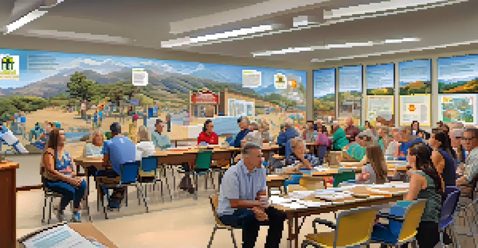 Residents attending a wildfire preparedness workshop in a community center, with a fire chief presenting safety information.
