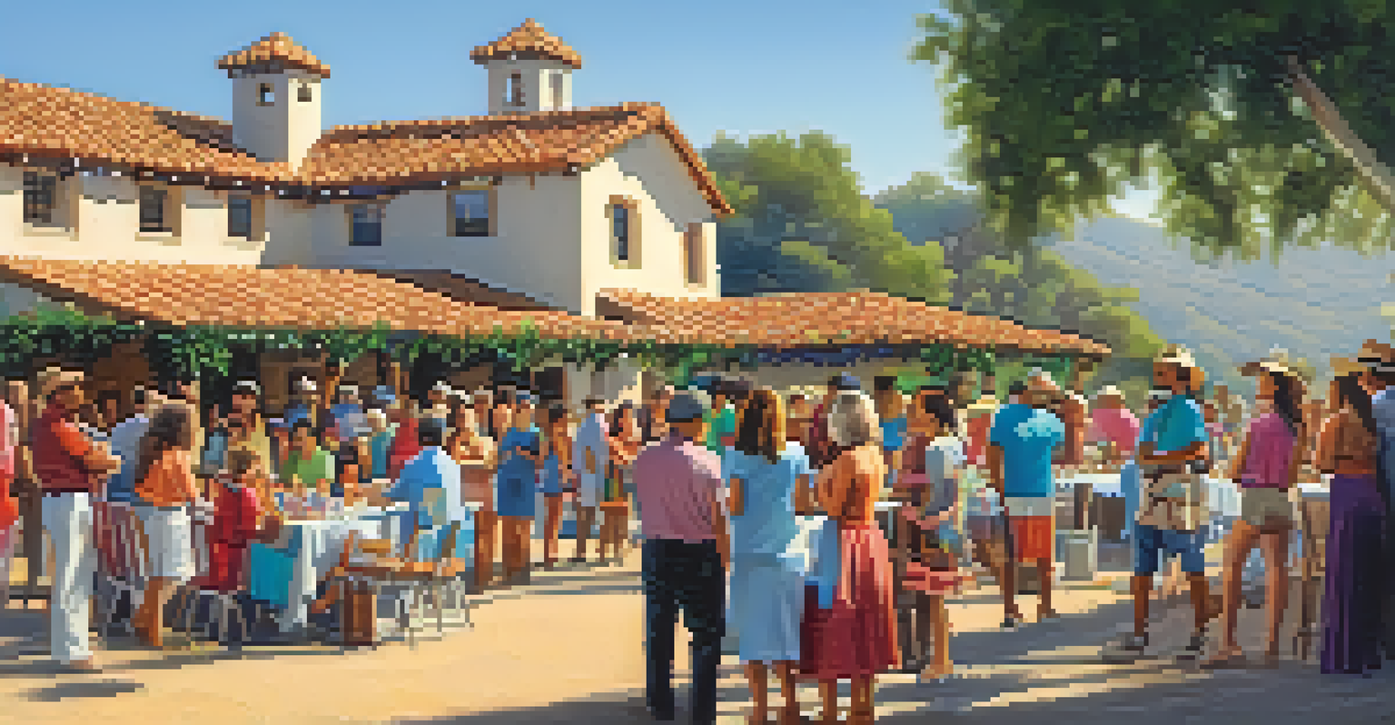 A lively community event at the Malibu Adobe, featuring local artists and visitors enjoying the art displays.