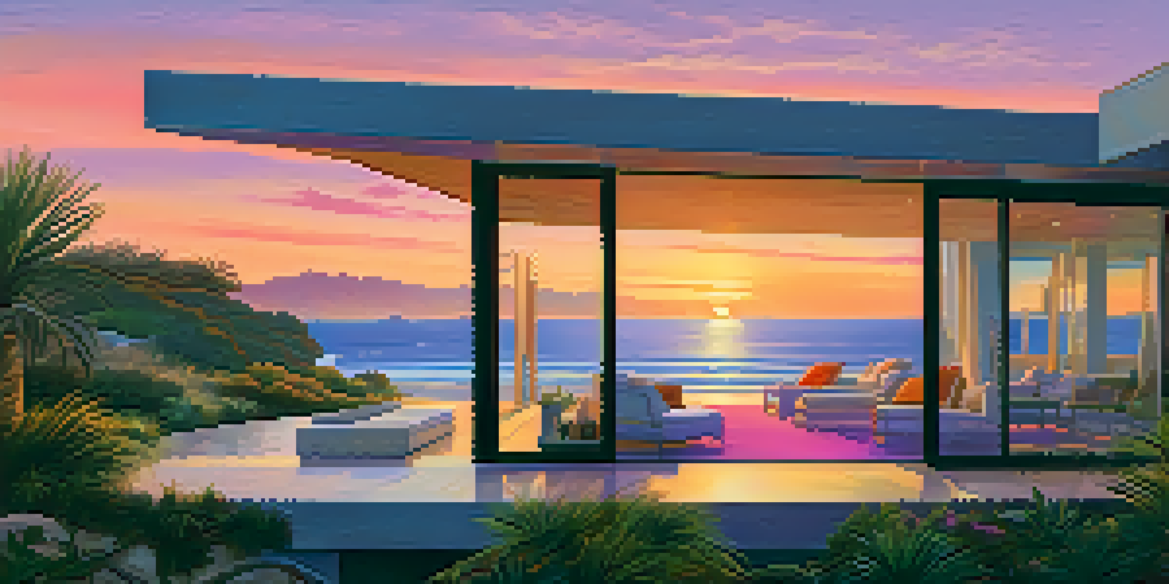 A modern beachfront home in Malibu with large glass windows, surrounded by greenery, under a colorful sunset sky.