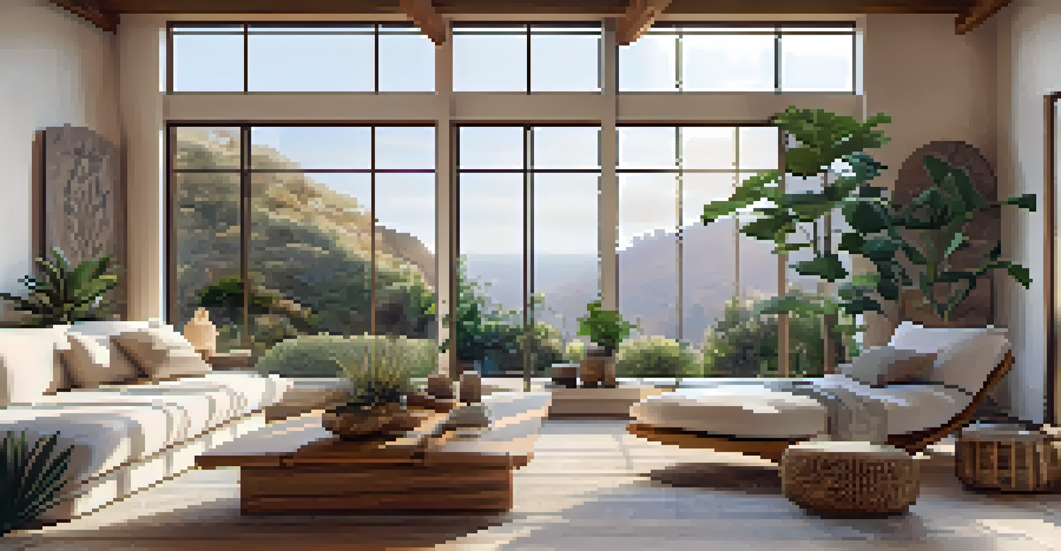 A cozy meditation room in a wellness retreat, filled with natural light, plants, and comfortable cushions.
