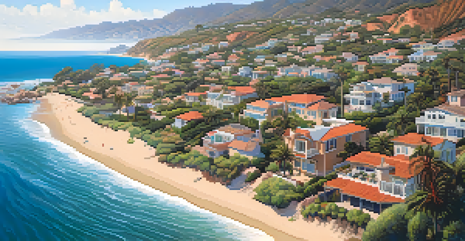 Aerial view of Malibu's coastal community with homes, palm trees, and protected wetlands.