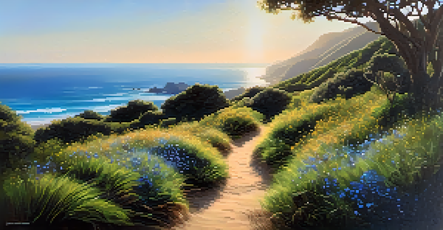A scenic hiking trail leading to an ocean view, surrounded by green plants and wildflowers.