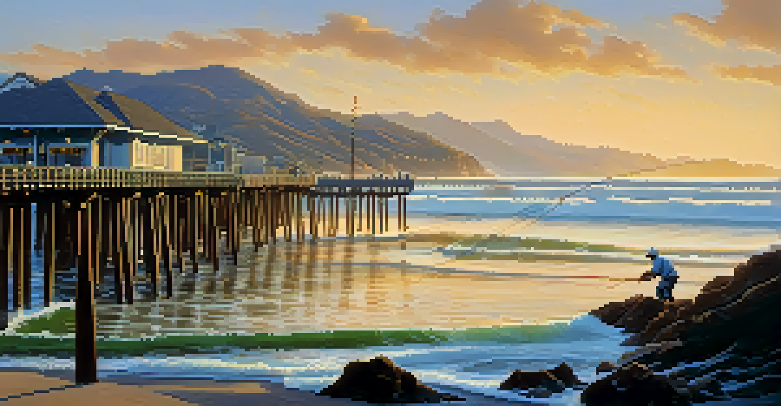A fisherman casting his line from Malibu Pier with ocean waves and mountains in the background.