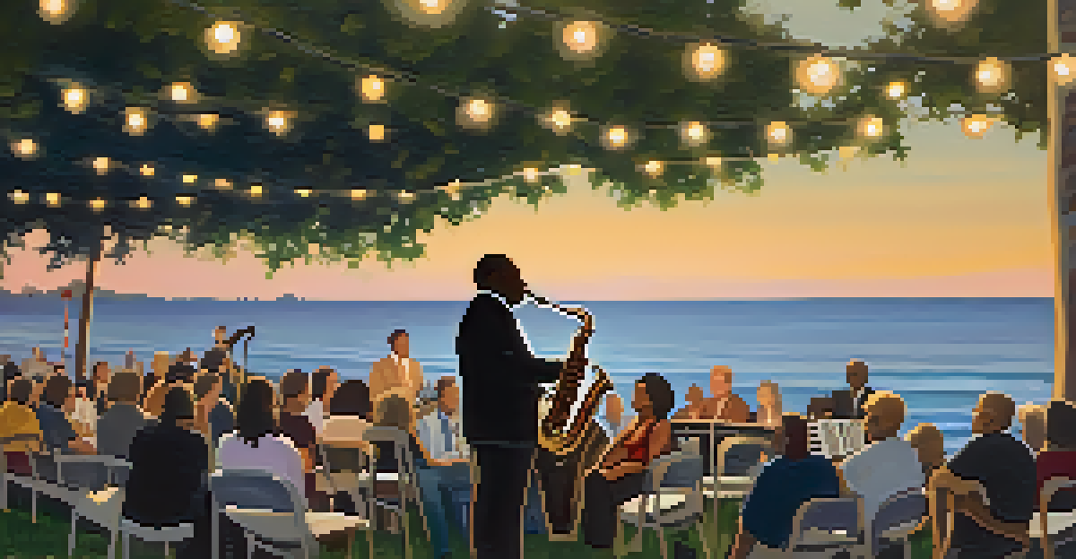 A saxophonist performing at a jazz festival with an intimate audience and ocean views at dusk.