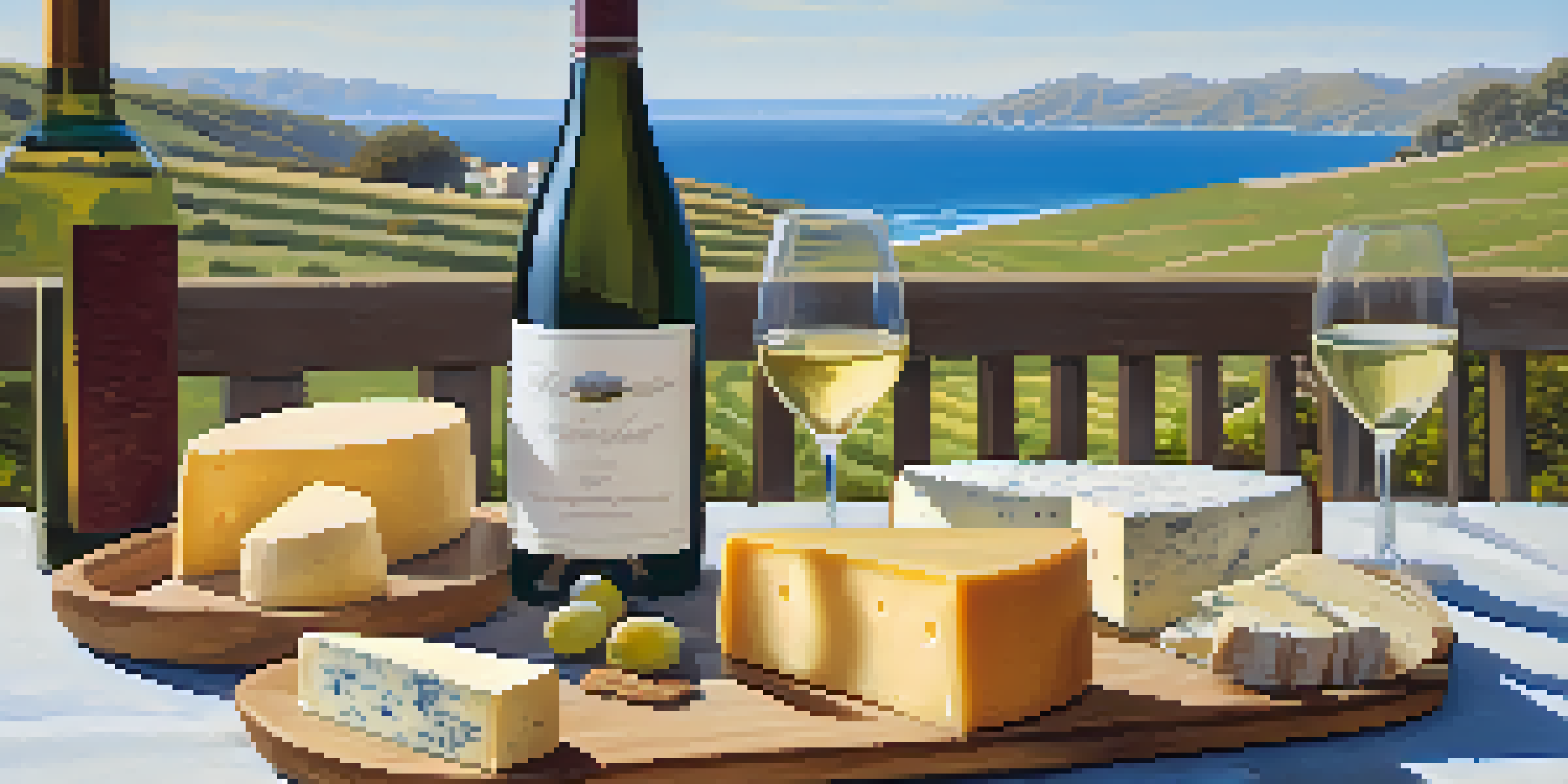 An outdoor wine tasting scene in Malibu with a table displaying various cheeses and glasses of wine, overlooking the ocean.