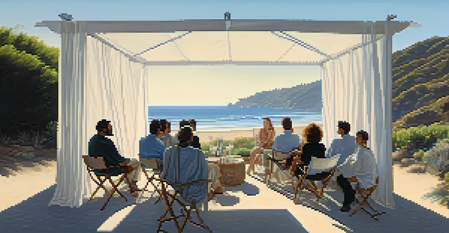 A panel discussion with filmmakers seated under a canopy, overlooking the Malibu coastline, with attendees on blankets listening attentively.