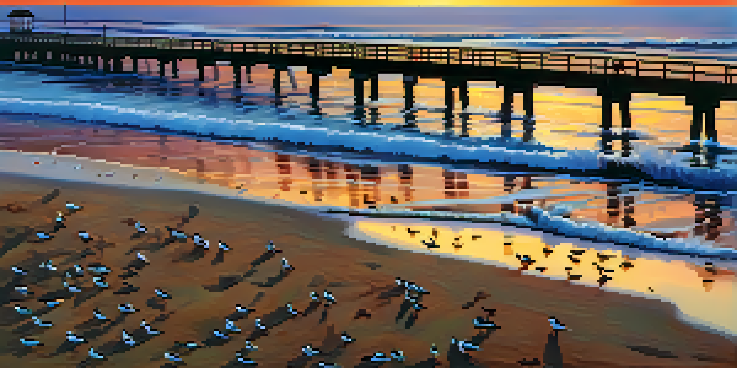 A scenic view of the Malibu coastline during sunset, with colorful reflections in the water and the Malibu Pier in silhouette.