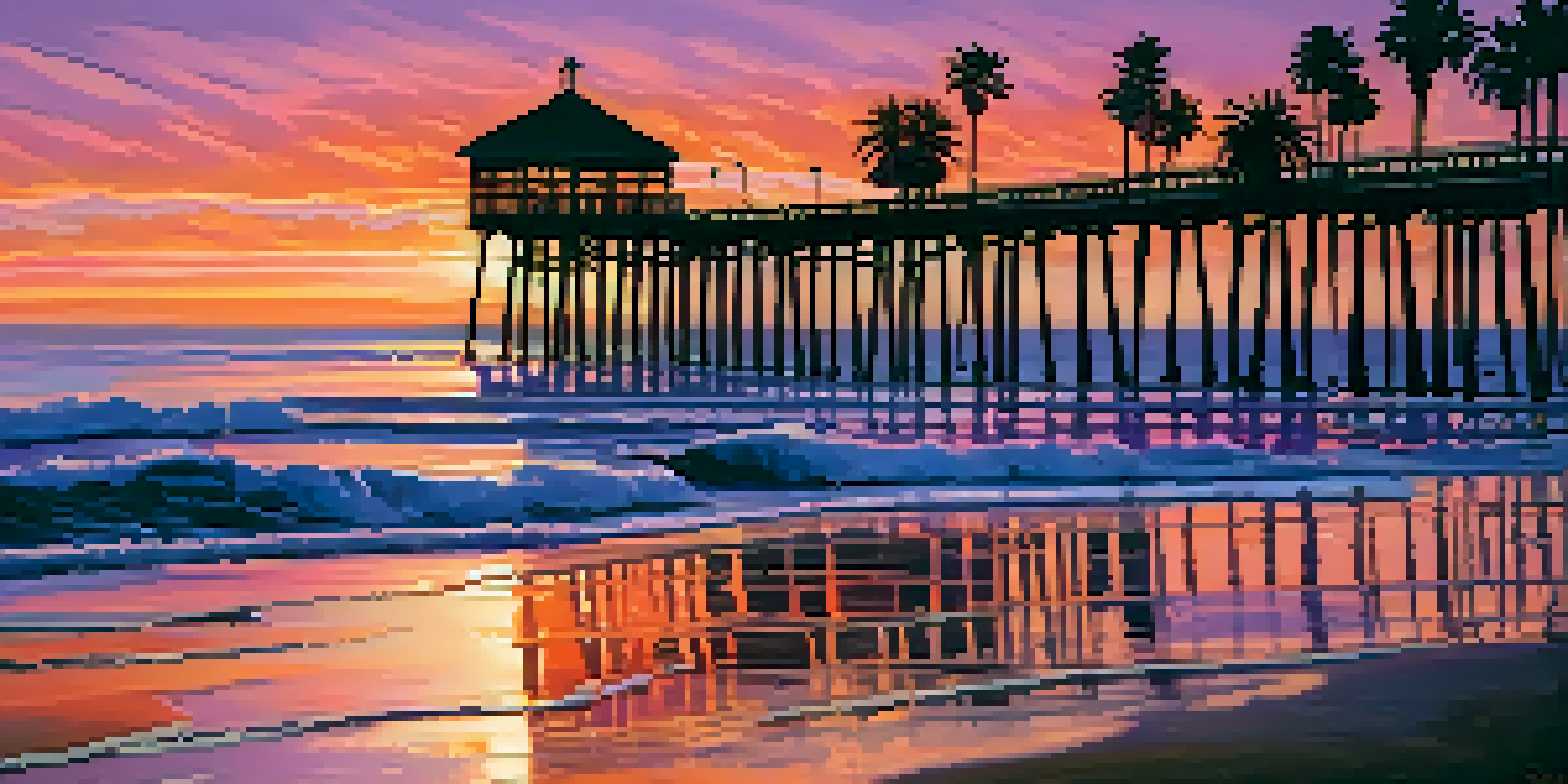 A colorful sunset over Malibu beach with silhouettes of palm trees and the Malibu Pier in the distance, reflecting vibrant colors on the ocean.