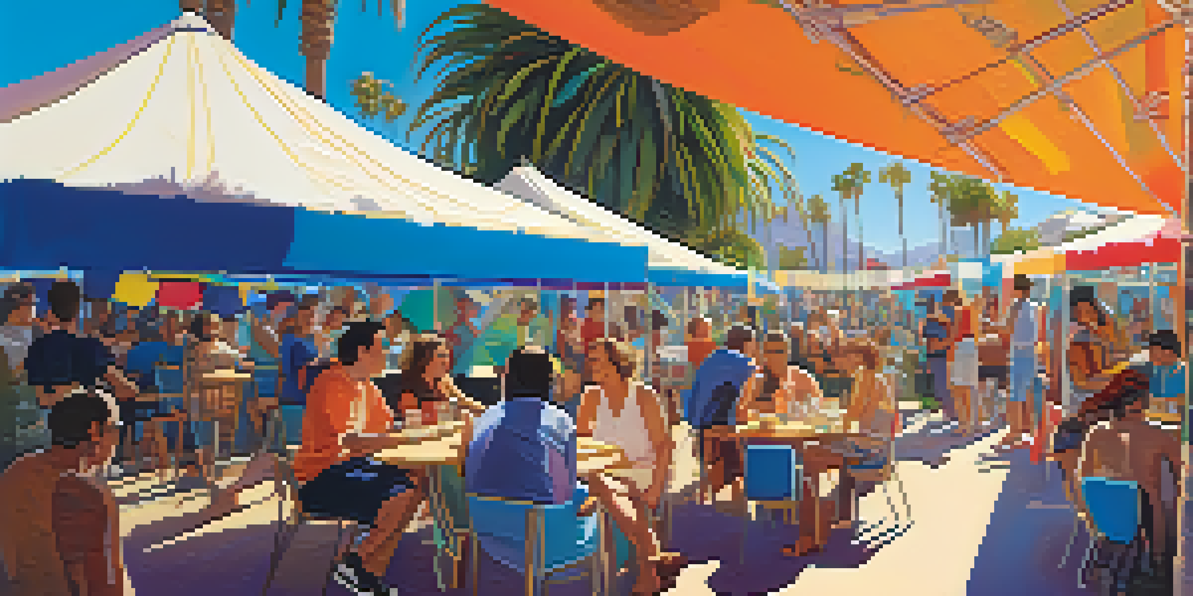 A diverse group of filmmakers and audience members talking animatedly outdoors at the Malibu Film Festival, with colorful banners and palm trees in the background.