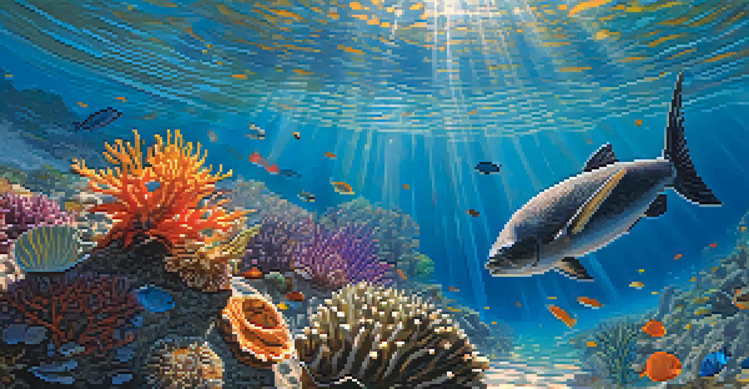 A close-up of marine life in Malibu waters, showcasing colorful fish and coral, with a diver in the background.