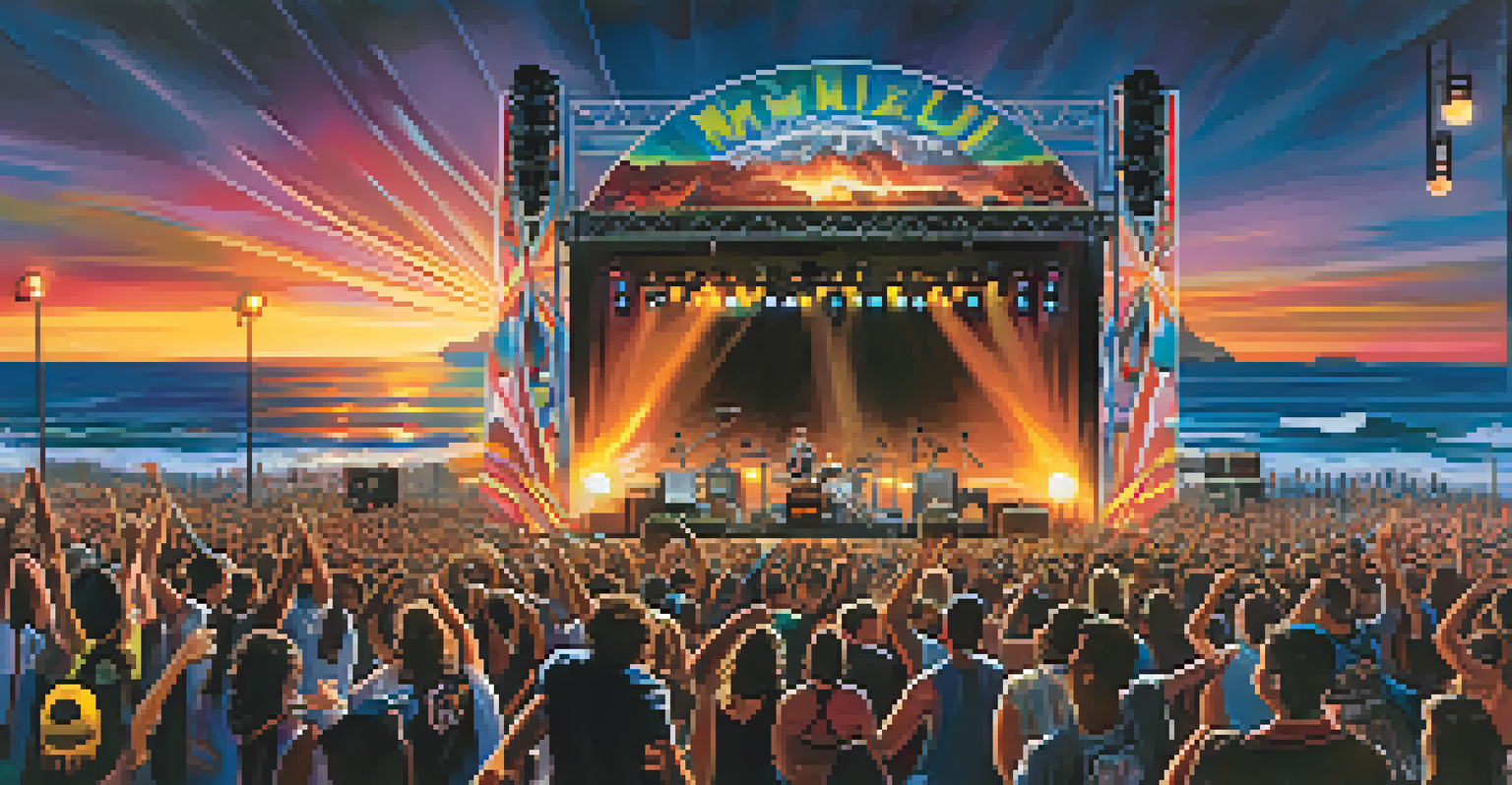 A rock band performing energetically at the Rock the Coast Festival with fans cheering in front.