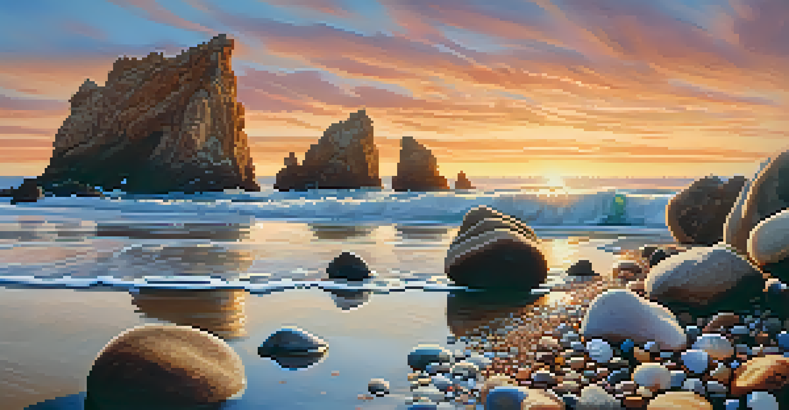 Close-up of El Matador Beach, with rock formations and tide pools at sunset.