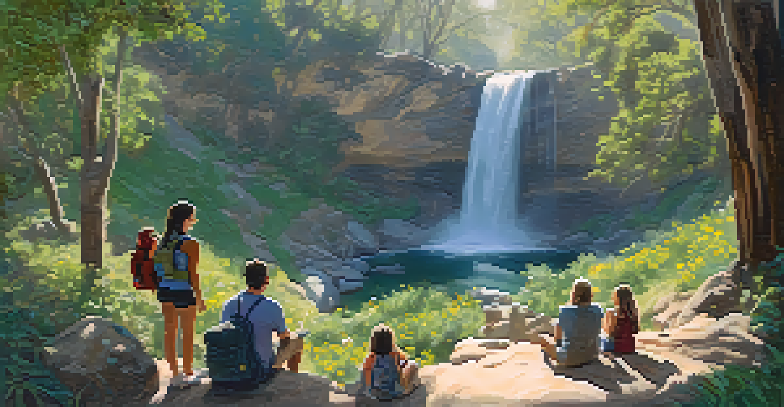 A family resting on a rock while enjoying snacks near a waterfall along a scenic hiking trail.