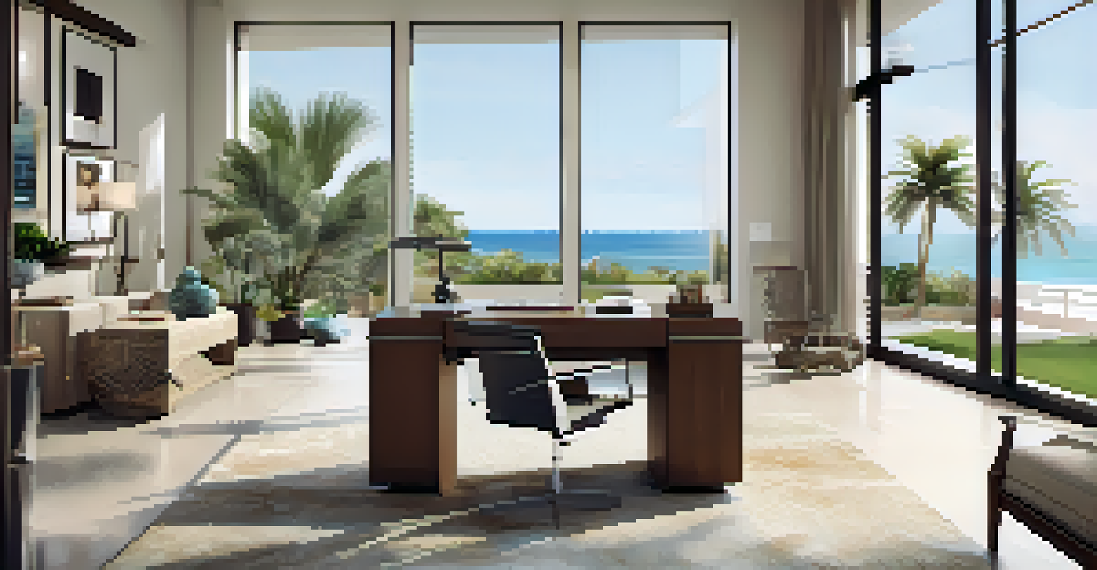 A stylish home office with an ocean view, featuring large windows, modern furniture, and a serene backyard with a swimming pool.