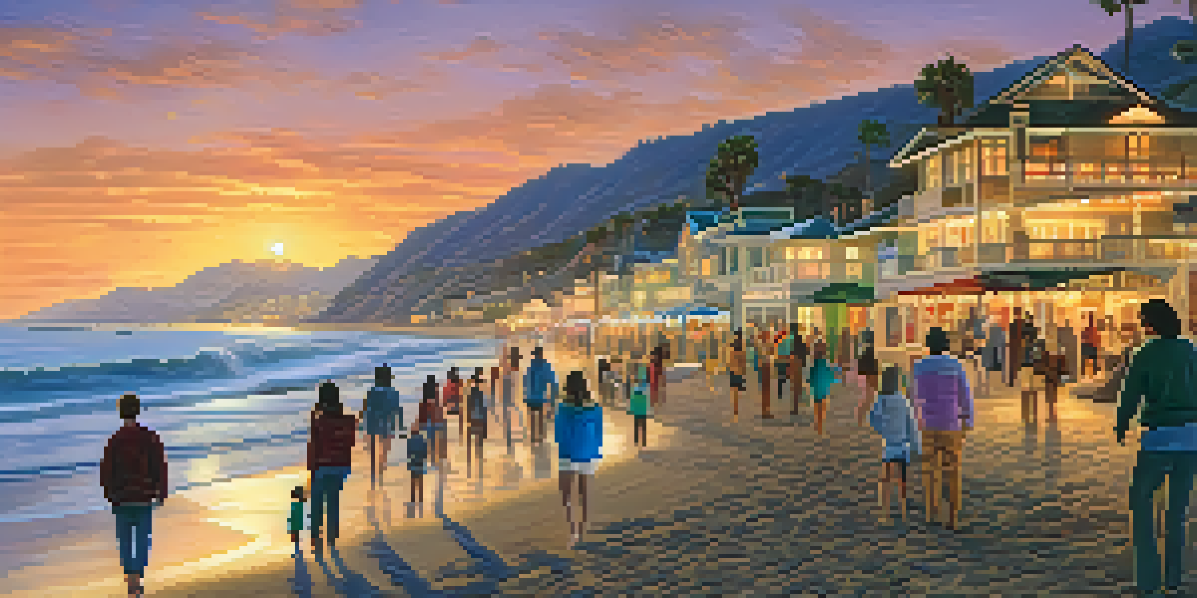 A scenic view of Malibu beach at sunset, illuminated with festive lights and families enjoying the festive atmosphere.