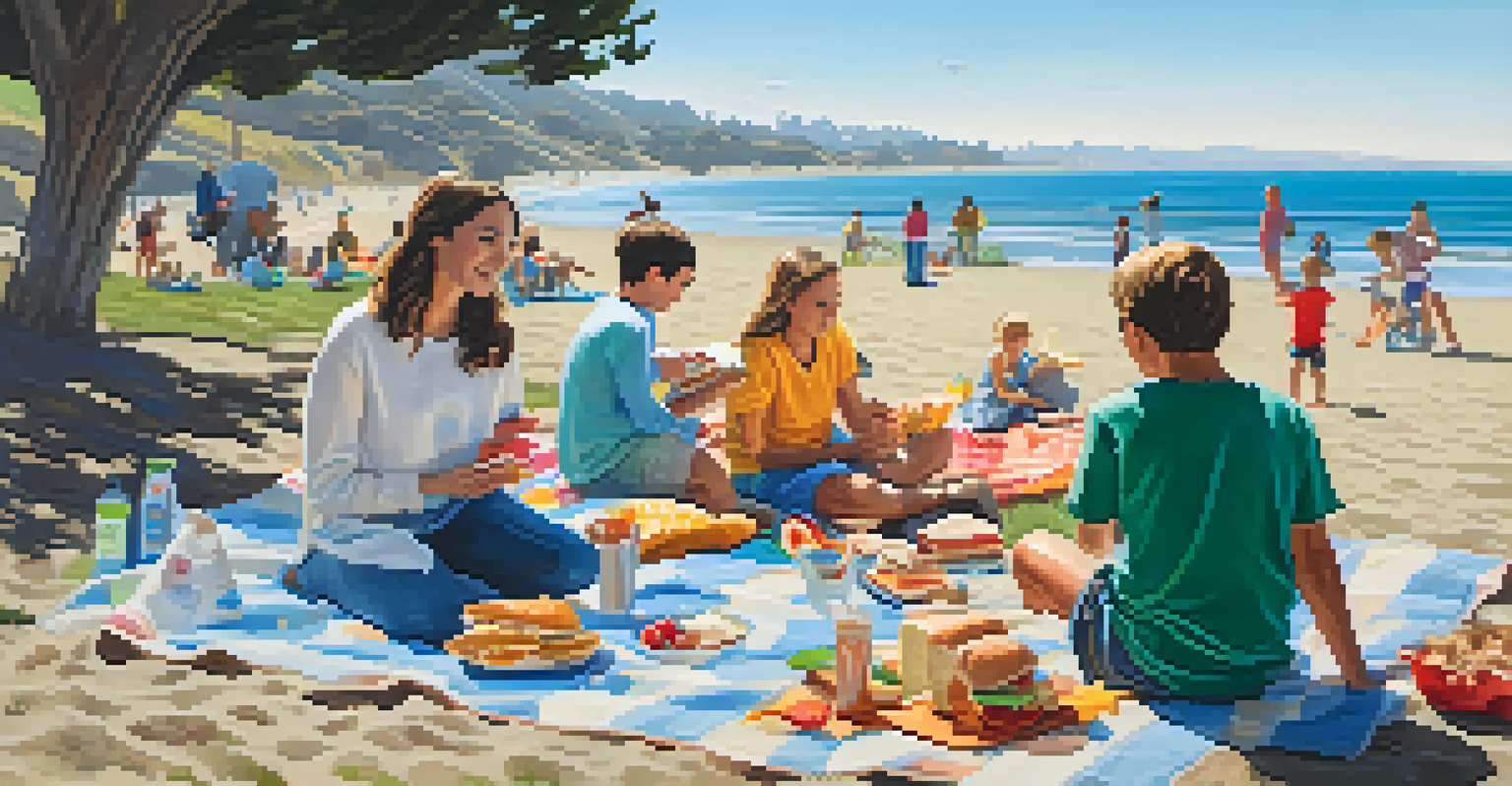 Families having a picnic at Malibu Lagoon State Beach, with food on a blanket and children playing frisbee nearby, set against the ocean backdrop.