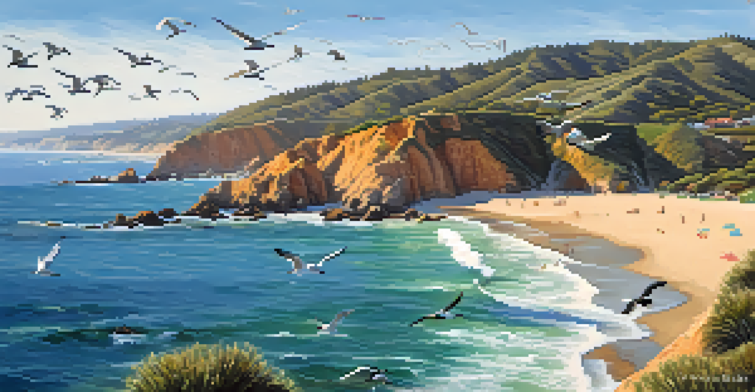 Aerial view of Point Dume State Beach with seabirds flying over the ocean and families on the beach.