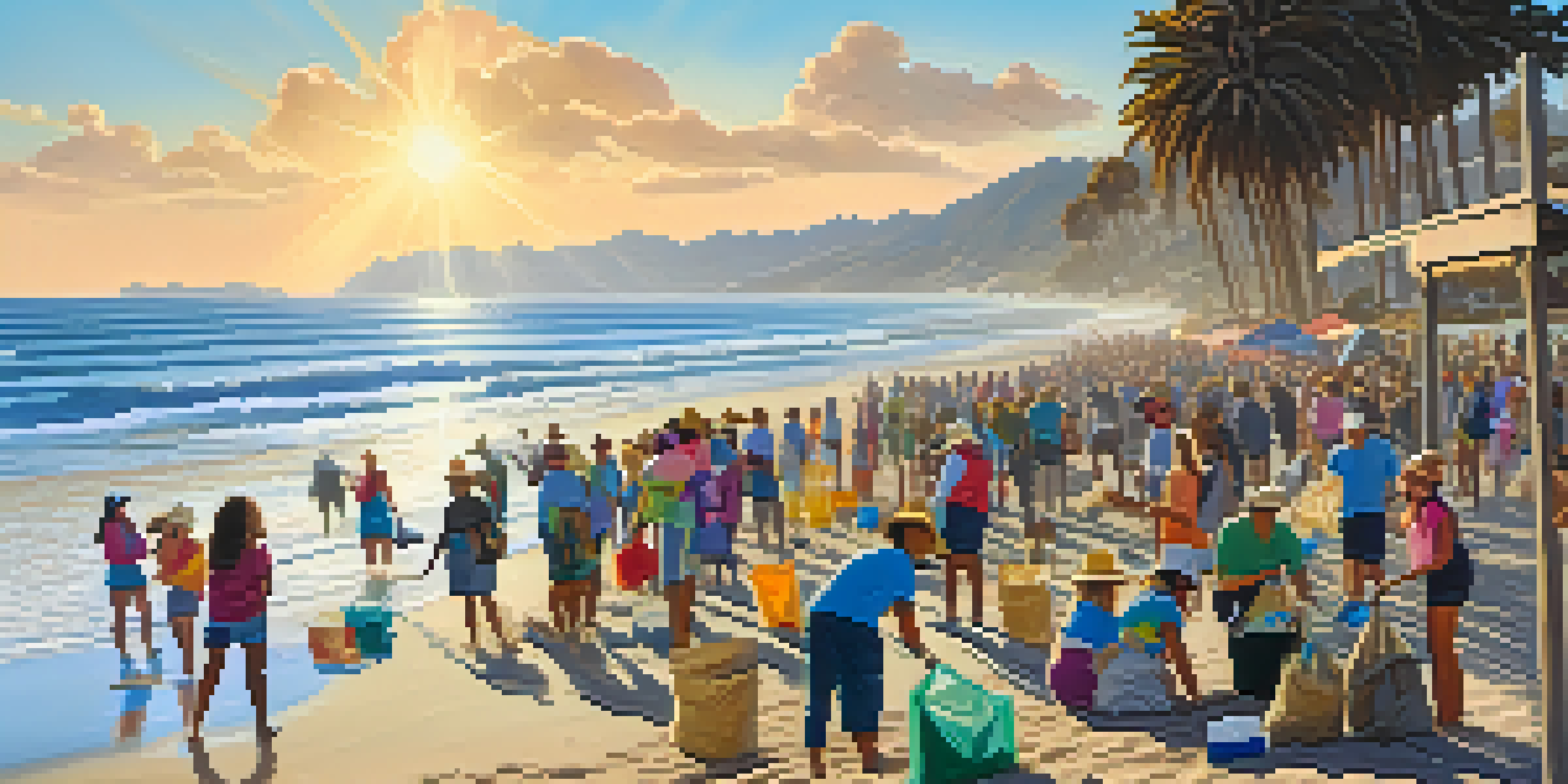 Residents of various backgrounds participating in a beach clean-up at sunset in Malibu, with colorful trash bags and the ocean in the background.