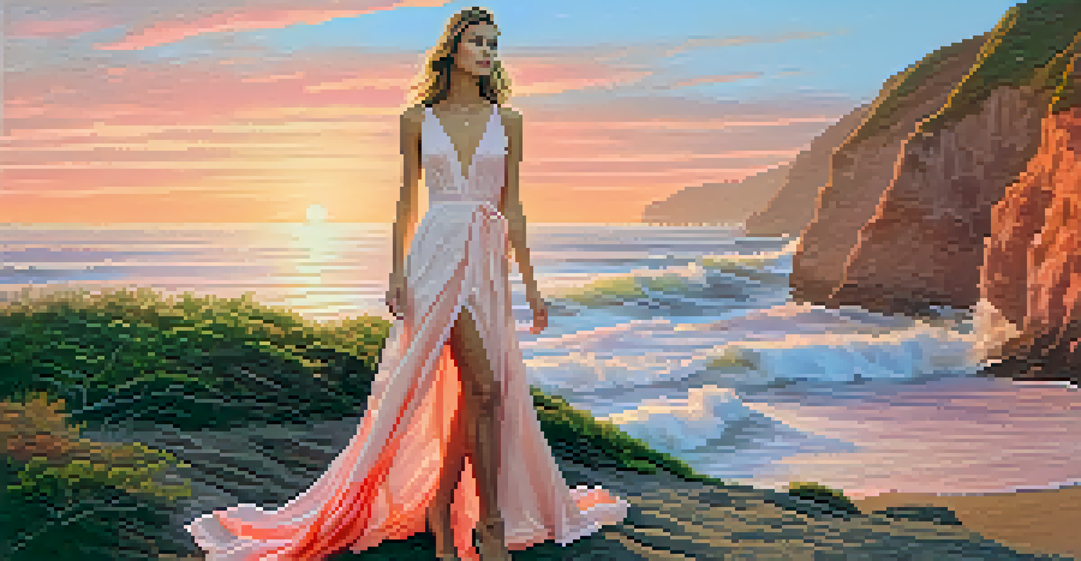 A fashion model in a pastel dress inspired by a Malibu sunset, set against coastal cliffs and the ocean.