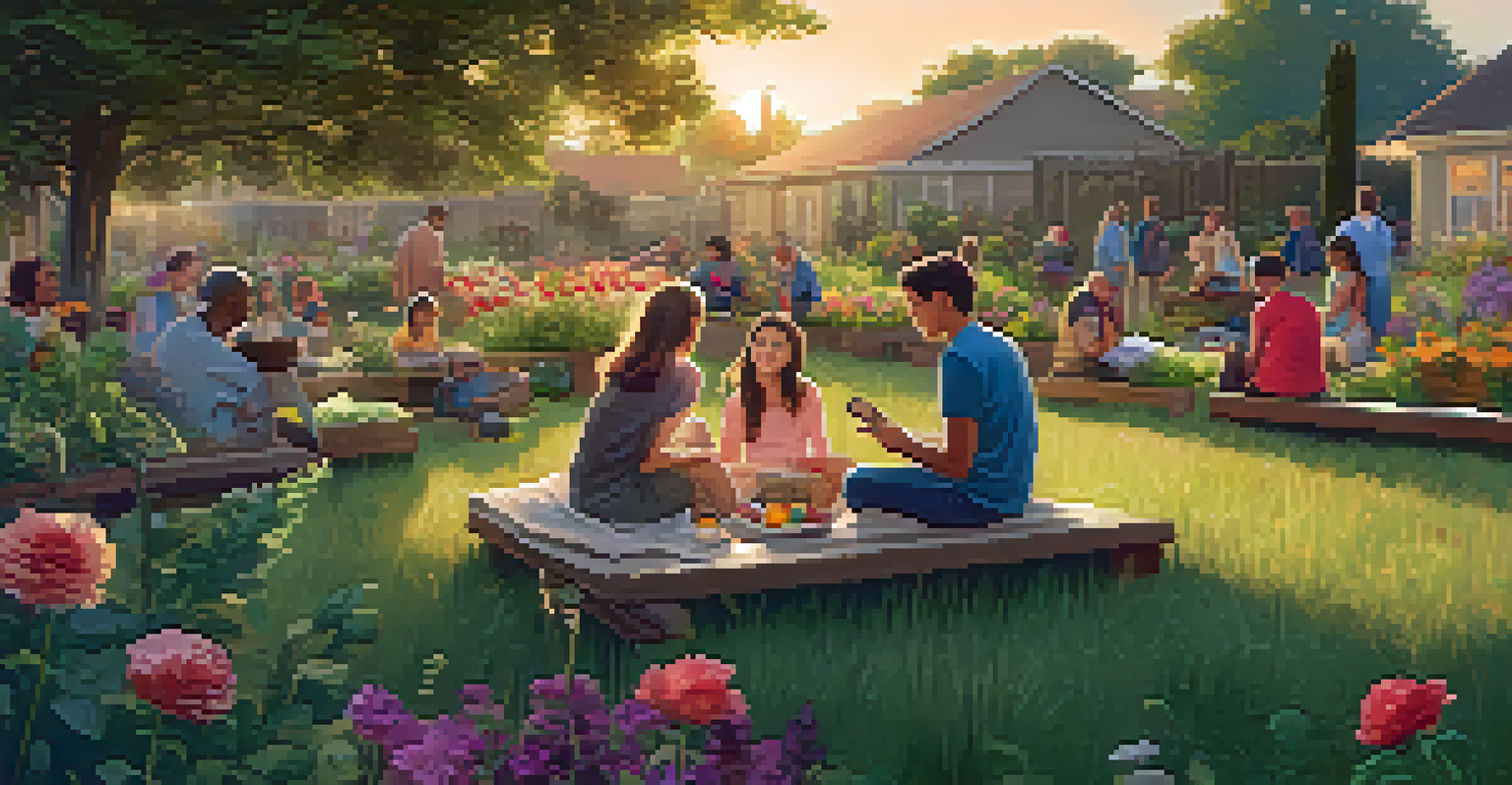 Families enjoying a picnic in a peaceful community garden during sunset.