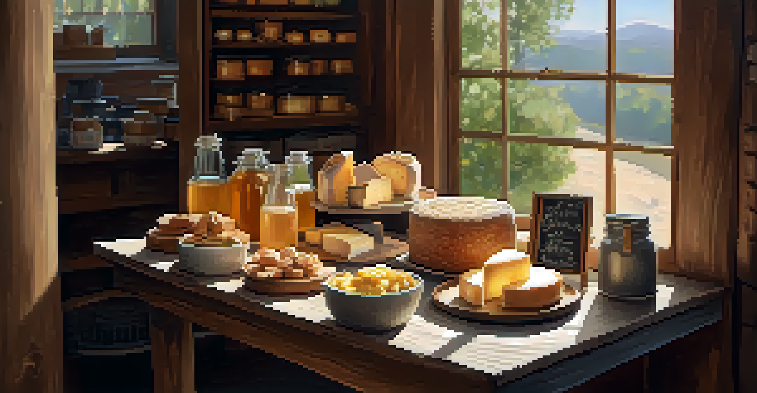 A charming display of handmade goods at a farmers' market, with artisanal cheeses, honey jars, and baked items on wooden tables, illuminated by natural light.