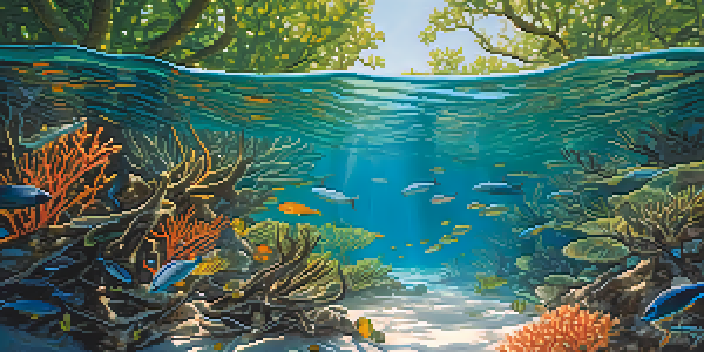A coastal ecosystem with green mangroves, clear turquoise water, colorful coral reefs, and sunlight filtering through branches.