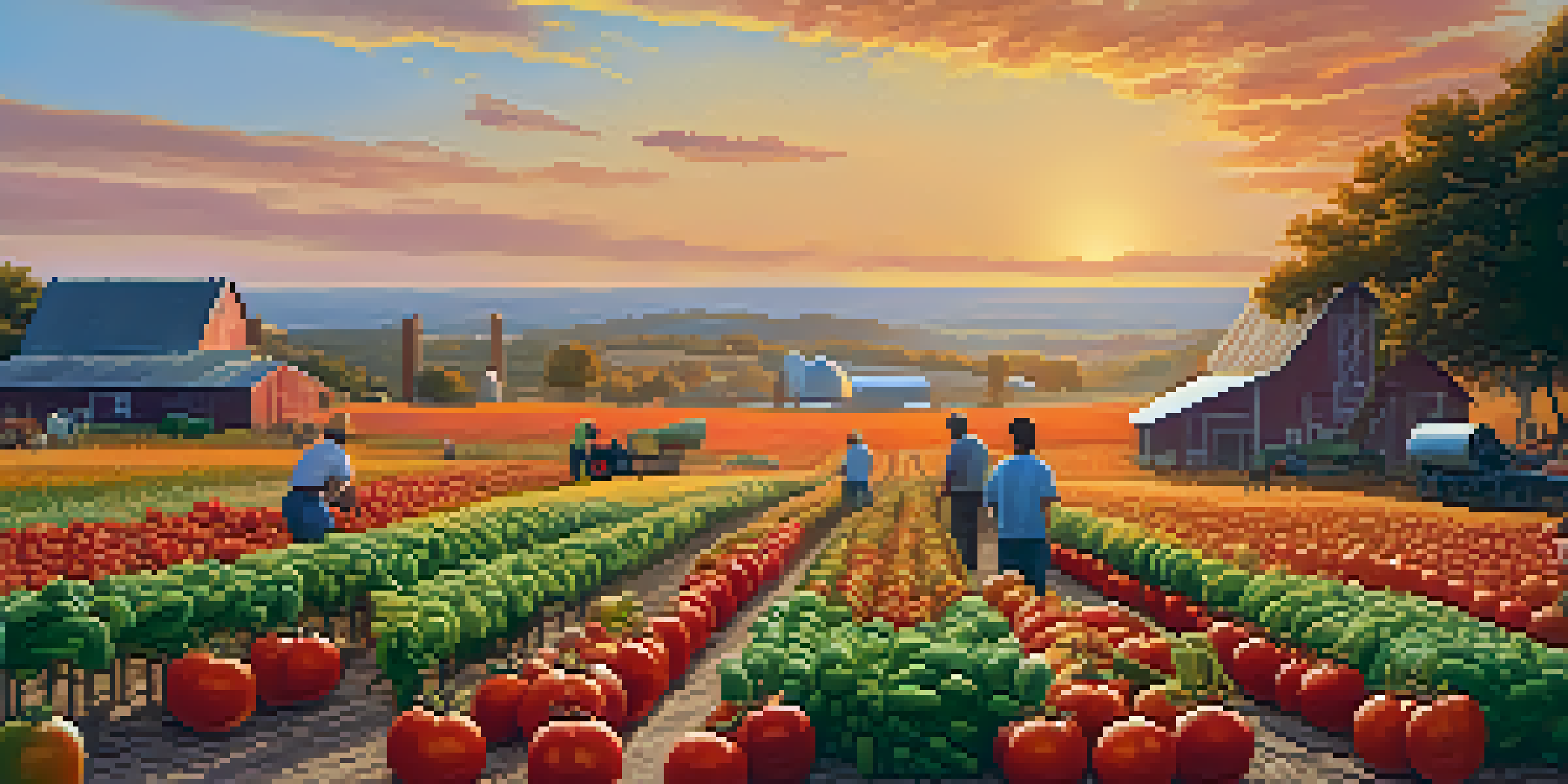 A lively local farm at sunset with ripe tomatoes and colorful vegetables, featuring farmers interacting with visitors.