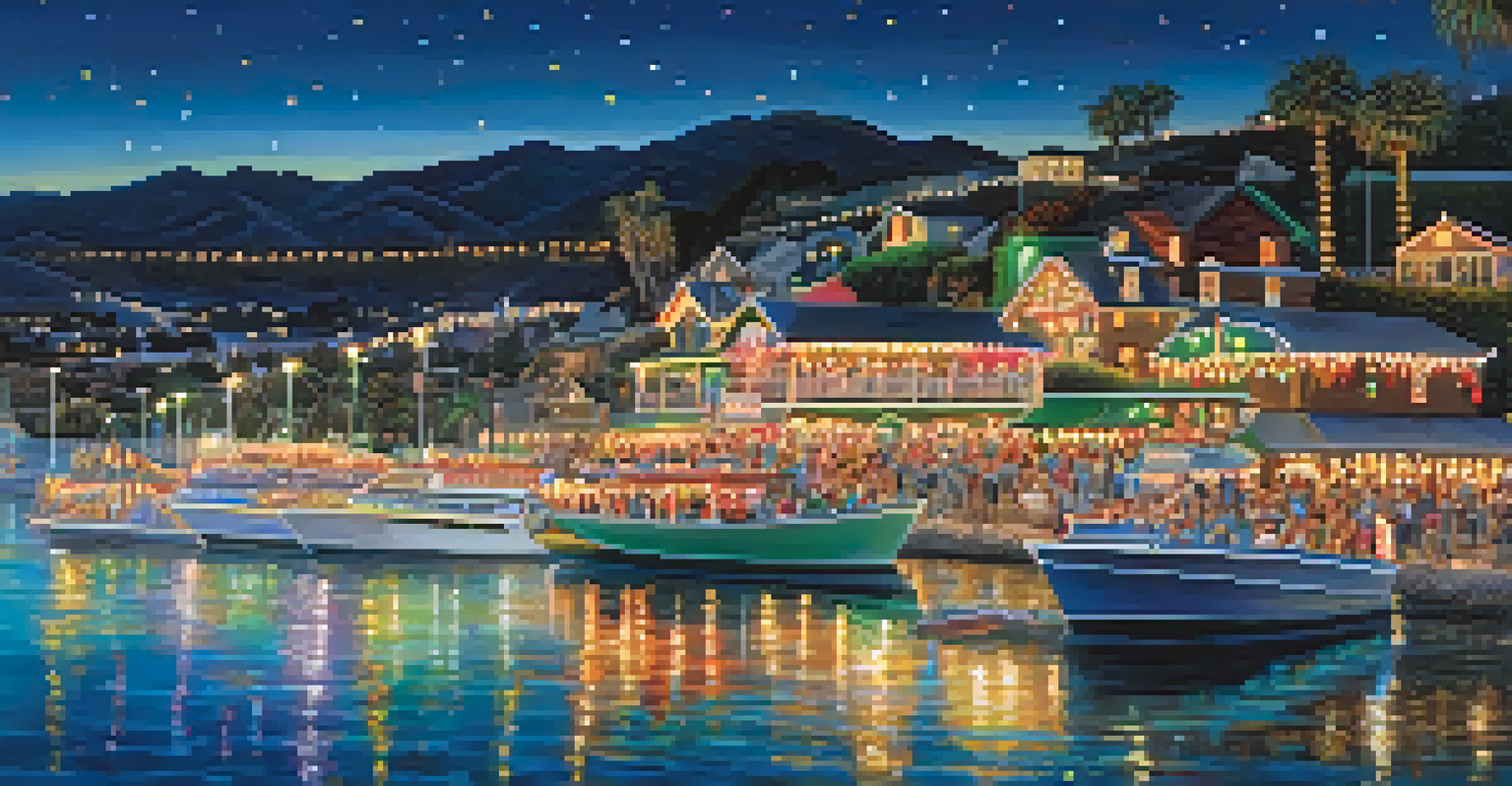 A festive boat parade in Malibu harbor with beautifully decorated boats illuminated by colorful lights on a clear night.