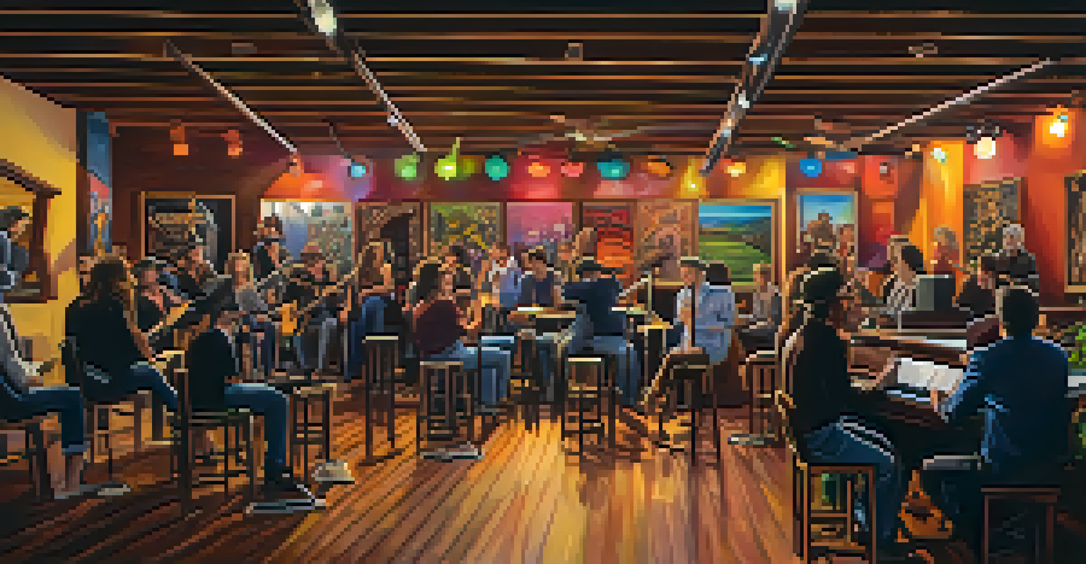 Musicians performing on stage in a cozy Malibu venue with warm lighting and art on the walls.