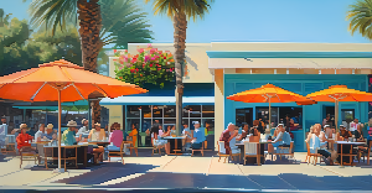 A lively outdoor café in Malibu with patrons enjoying their meals and colorful decor.