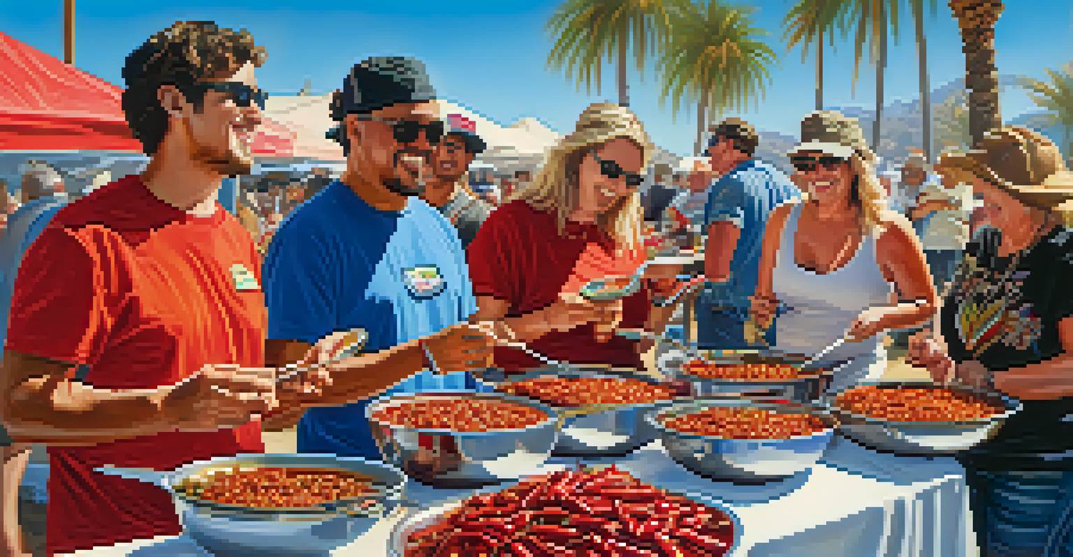 Community members enjoying a chili cook-off, tasting different chili dishes in a festive atmosphere with palm trees.