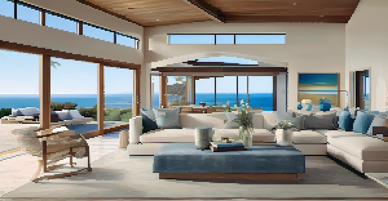 The interior of a luxurious Malibu home with eco-friendly design, large windows, and ocean views, featuring modern furniture.
