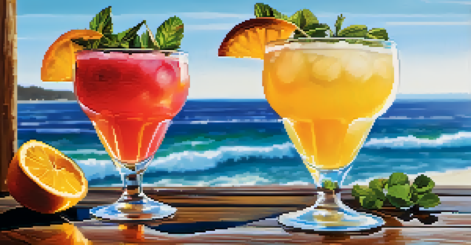 Close-up of a colorful cocktail with fresh garnishes, set against the ocean backdrop.