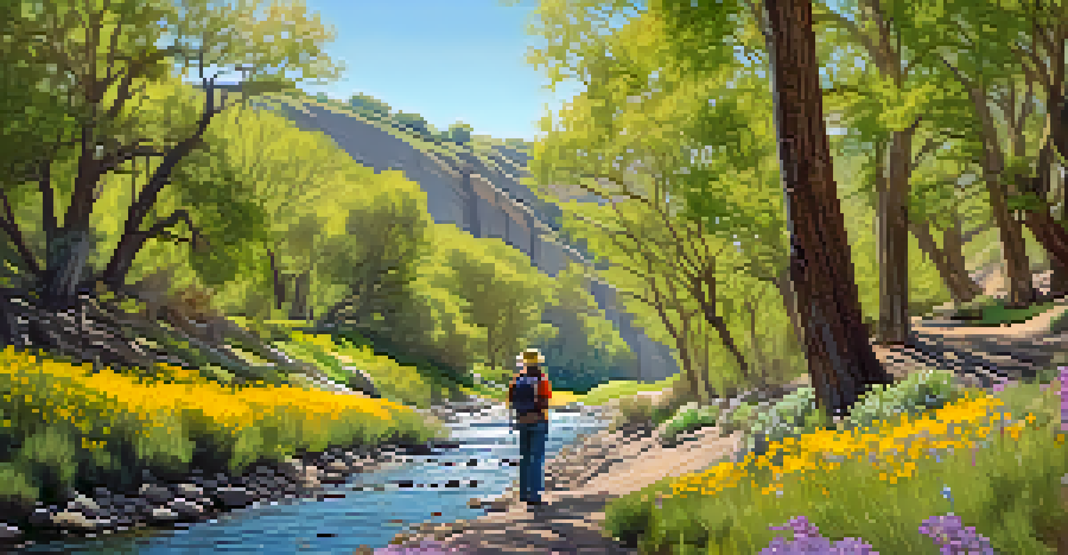 A peaceful Zuma Canyon Trail with lush trees, wildflowers, and a hiker birdwatching by a creek.