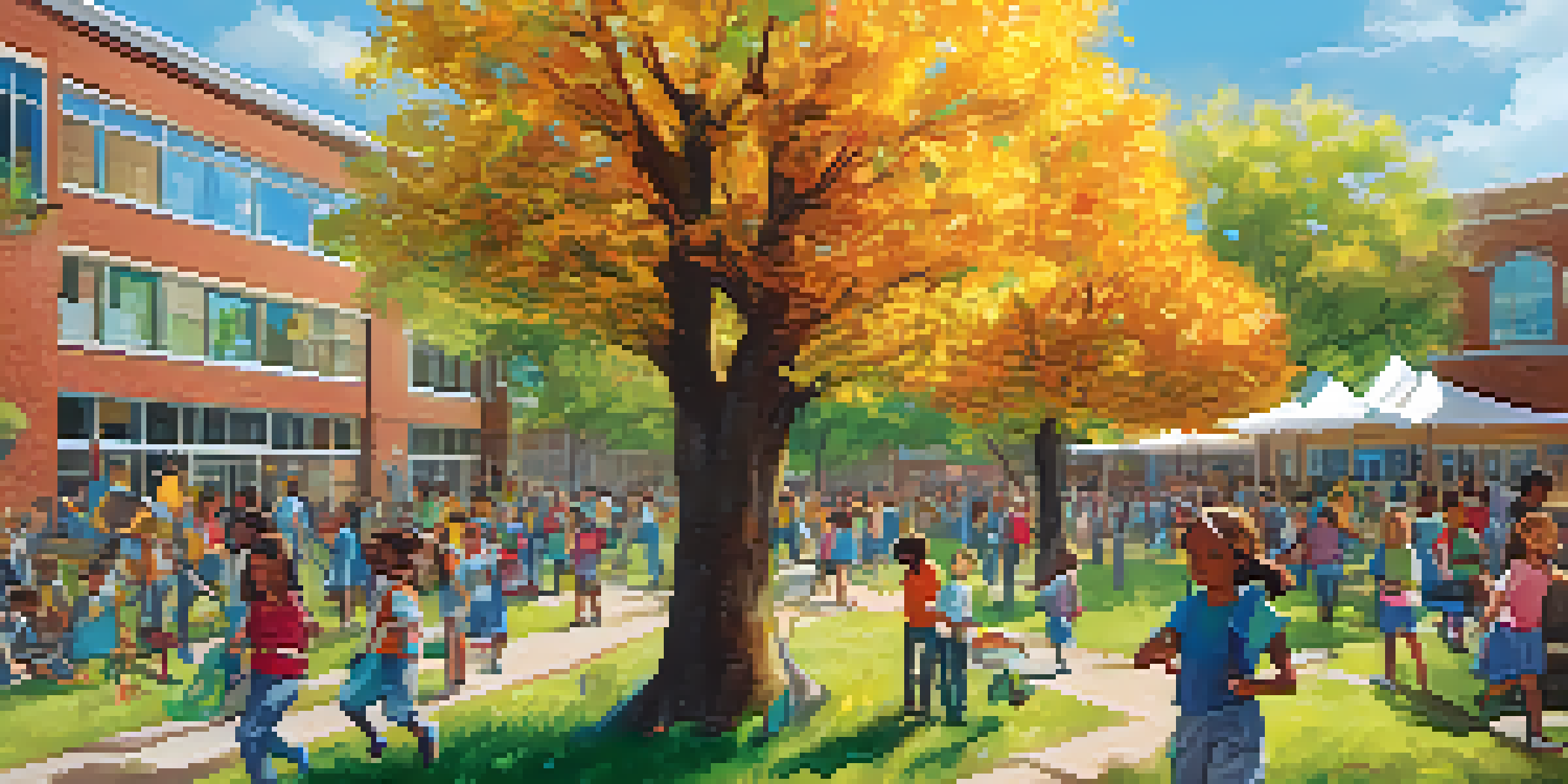 A lively schoolyard filled with children participating in Earth Day activities, planting trees and creating art from recycled materials, with colorful banners in the background.