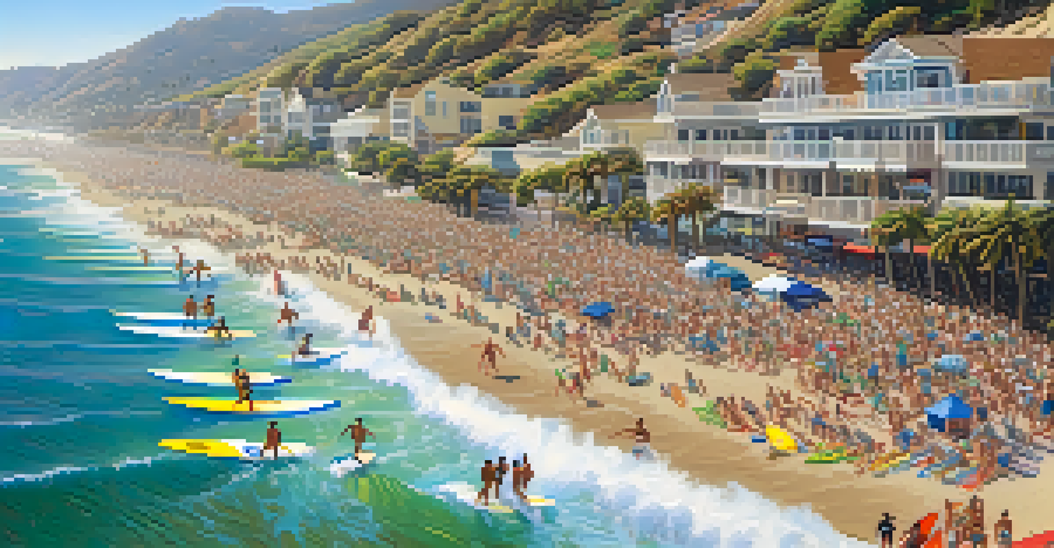 Aerial view of a surf competition in Malibu with surfers, colorful surfboards, and cheering crowds.