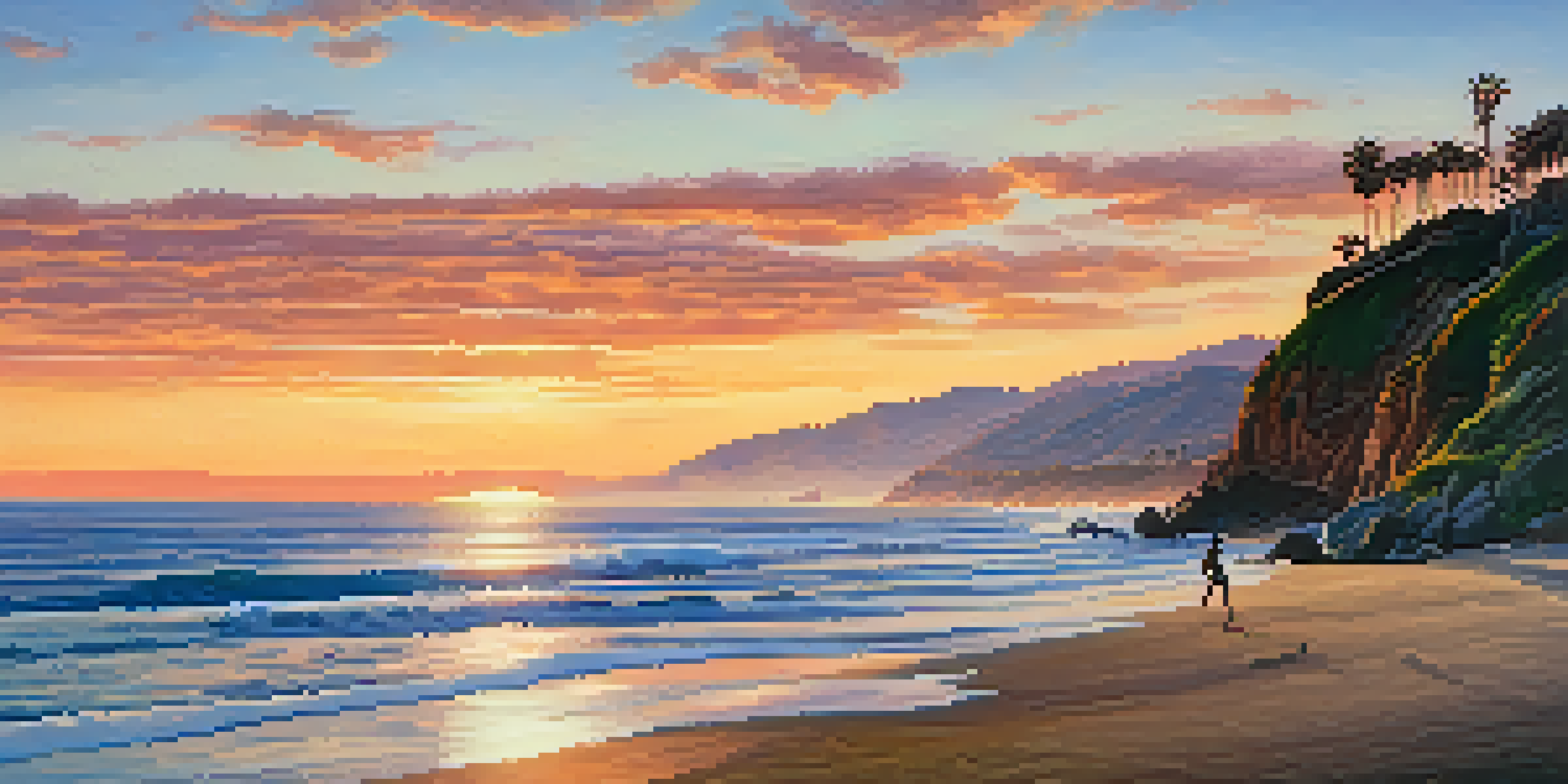 A scenic sunset view of Malibu's coastline with rocky cliffs, sandy beach, and surfers in the water.