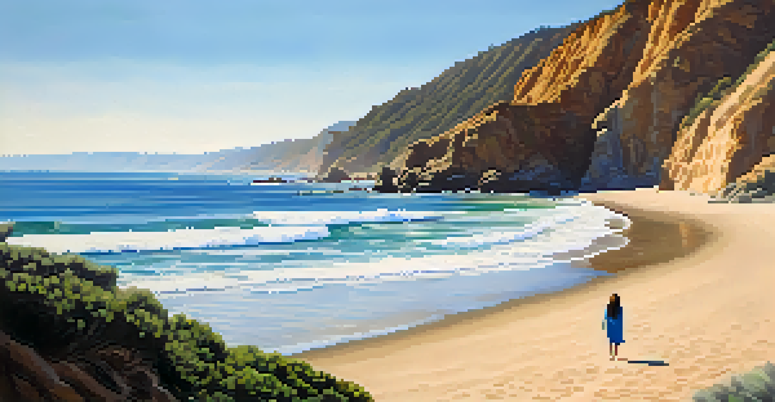 Point Dume State Beach with cliffs and sandy beach, featuring a woman in white wandering near the cliffs, blending with the scenery.