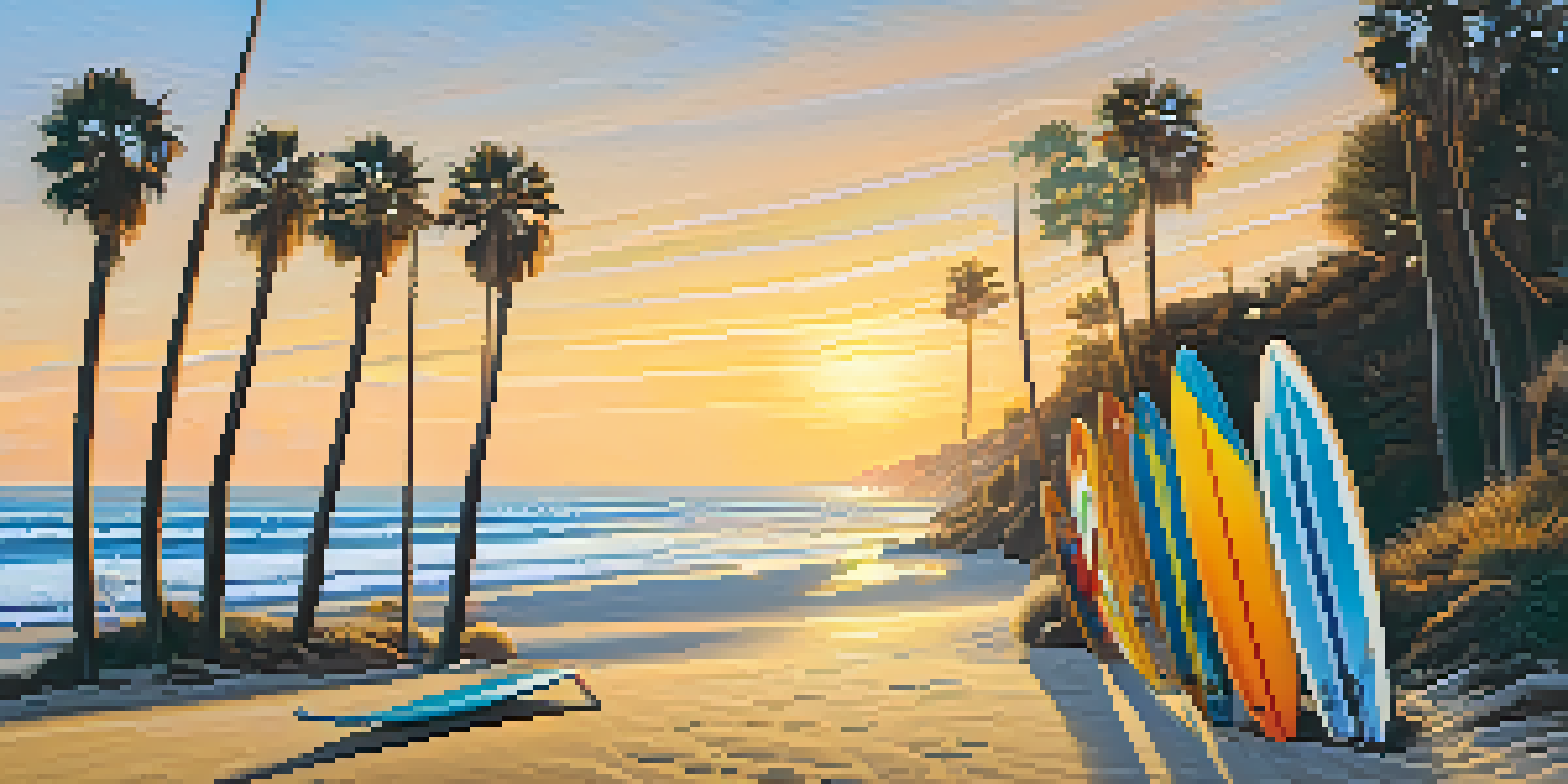 A peaceful Malibu beach at dawn with surfboards in various colors and designs lined up on the sand, illuminated by the early morning sun.